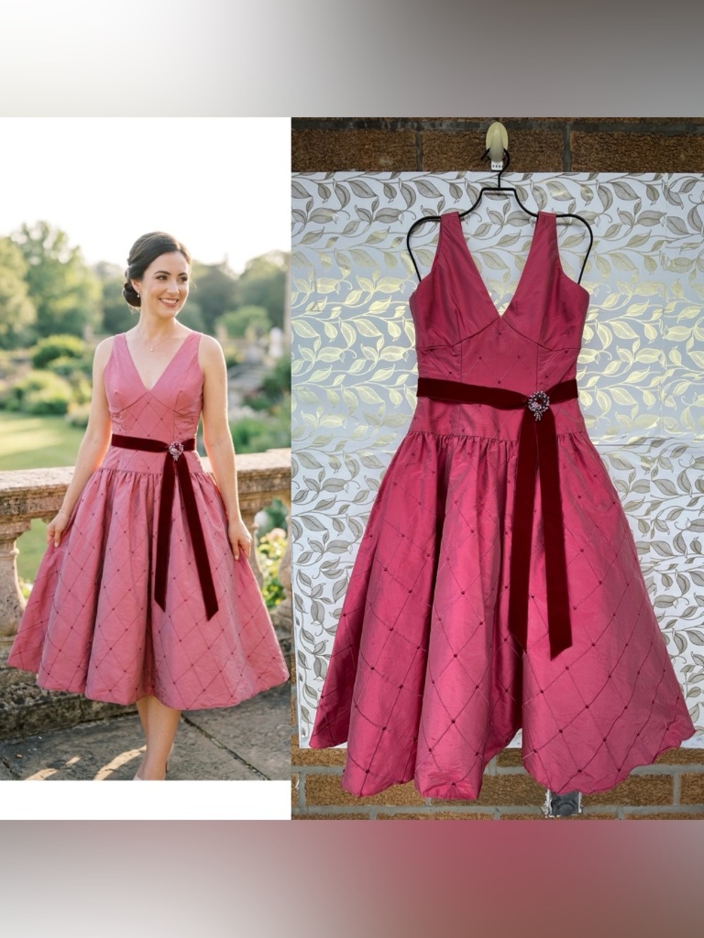 Elena do Vale Vintage Pink Quilted Silk Dress Velvet Bow Brooch Coquette 50s
